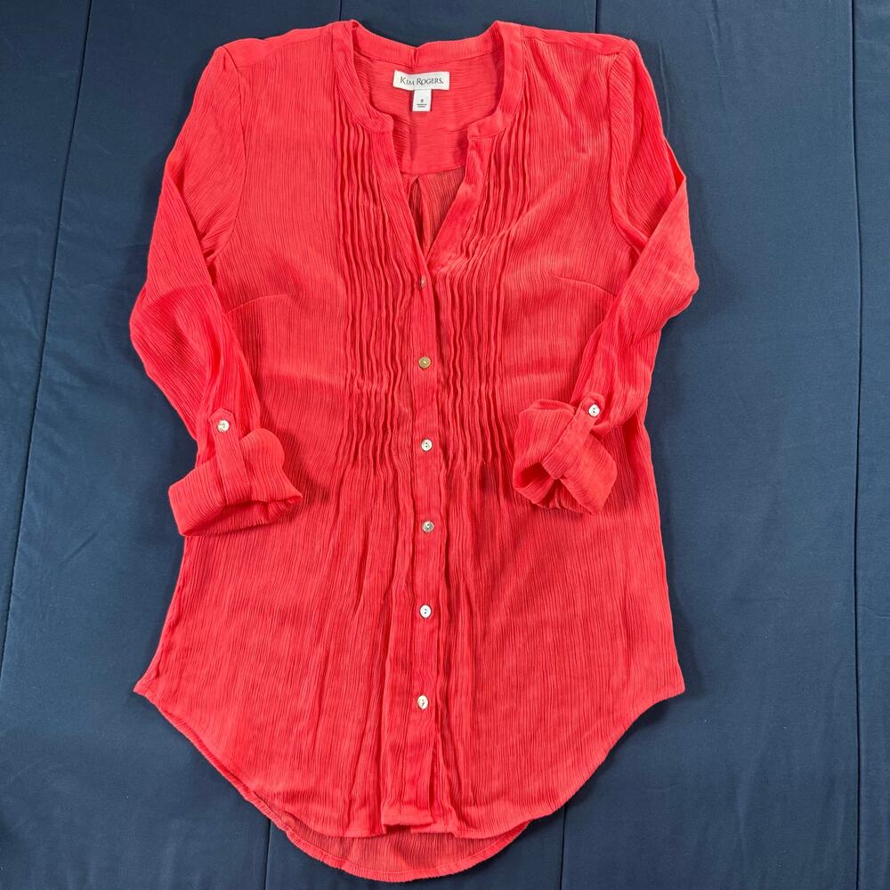 Kim Rogers Coral Crinkle Tunic Blouse Small Roll Tab Sleeve High Low Top